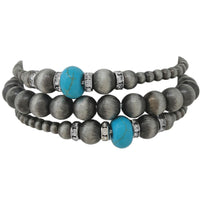 Set of 3 Western Metallic Bead And Howlite Stone With Crystal Detail Stretch Bracelets 6.75" (Silver Burnished Turquoise)