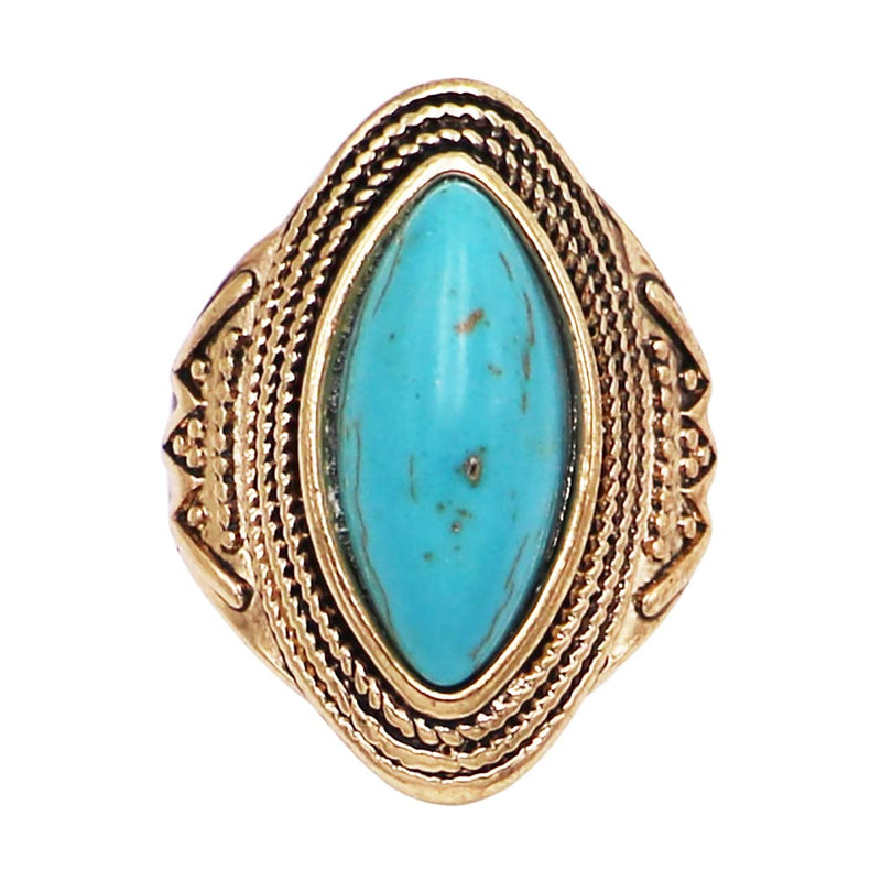 Women's Cowgirl Glam Western Statement Oval Turquoise Howlite Stone In Burnished Gold Tone Concho Ring Size 7.5