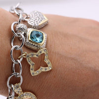 Two-Tone Trending Charm Link Bracelet, Silver with CZ Stones, Classic Style, 6-7.5"
