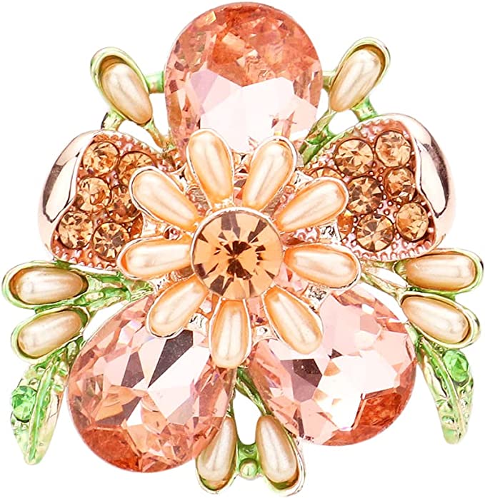 Rosemarie Collections Women's Stunning Crystal Teardrop And Pave Petals With Simulated Pearl Statement Flower Stretch Cocktail Ring (SMALL, Peach Crystal Rose Gold Tone)