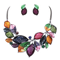 Women's Unbe-leaf-ably Stunning Colorful Enamel And Resin Leaf Statement Necklace Earrings Set, 16-+3" Extender