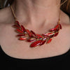 Stunning Textured Chevron Leaves Enamel Lucite With Marquis Crystal Rhinestones Necklace Earrings Polished Gold Tone Bridal Set, 13"+3" Extension (Reds)