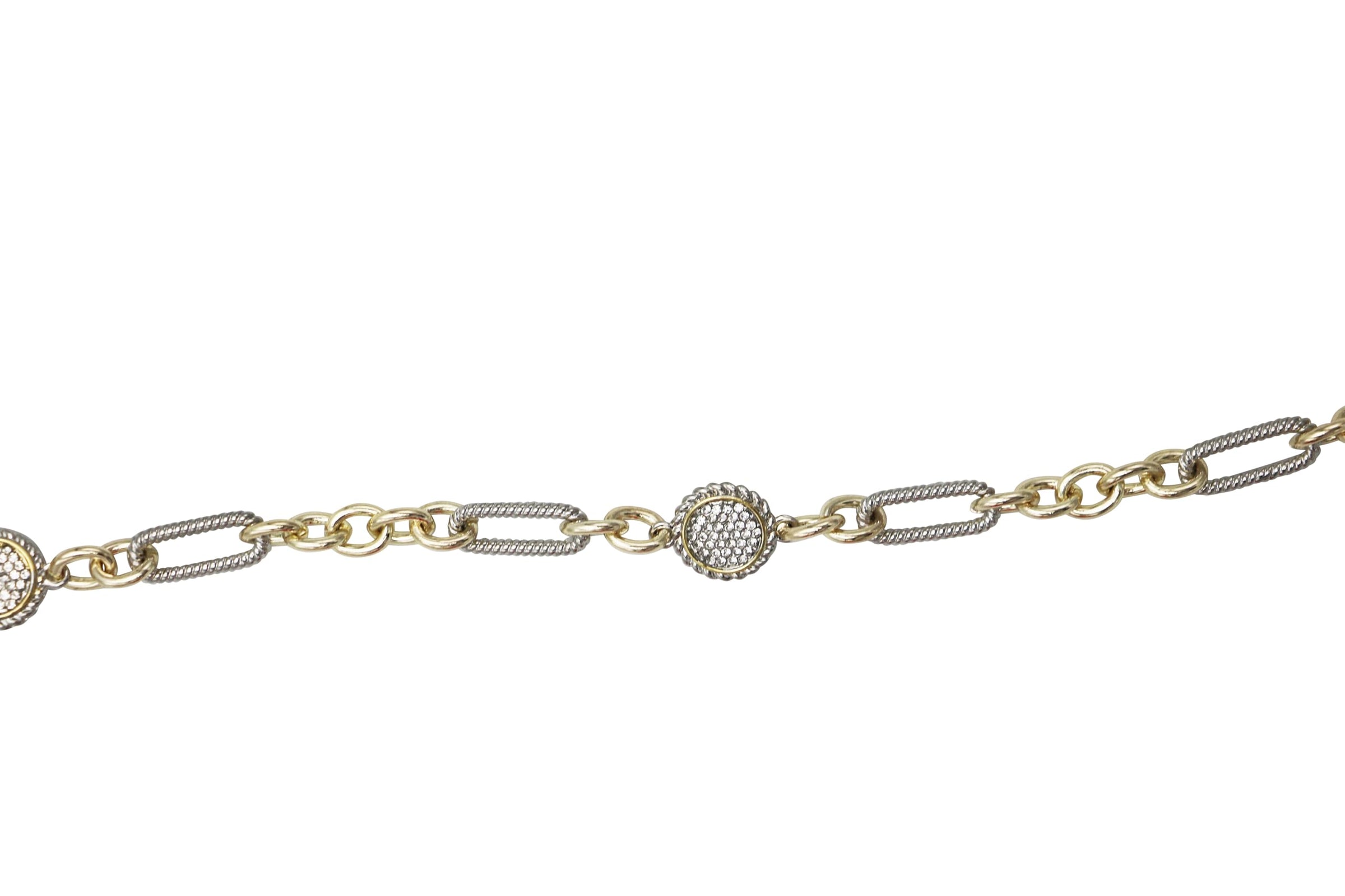 Two-Tone Chain Necklace, Silver and Gold, Crystal Pave Accents, Metal Alloy, Classic Style, 36 Inch