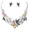 Women's Beautiful Glitter Resin And Enamel Butterflies With Crystal Rhinestone Accents Collar Necklace Earrings Gift Set, 13"+3" Extender (Silver Black Neutrals)