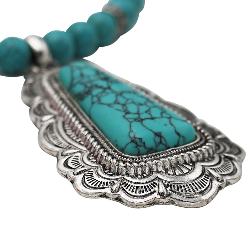 Western Turquoise Howlite Necklace and Earring Set, Antique Silver Tone, Tribal Pendant Design