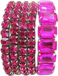 Stunning Statement Set Of 5 Colorful Crystal Rhinestone Stretch Bracelets, 6.75" (Fuchsia Pink Crystal Silver Tone)