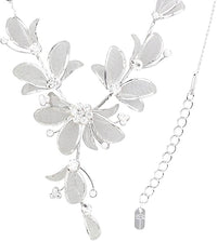 Floral Statement Necklace Bracelet Earring Set (Clear Crystal Silver Tone)