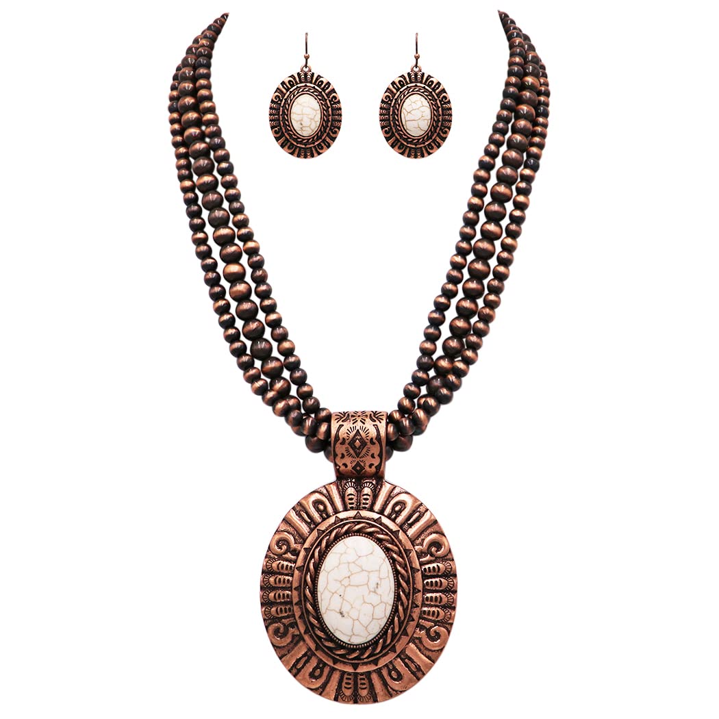 Western Style Statement Silver Tone Concho with Turquoise Howlite Necklace Earrings Set, 16"+3" Extension