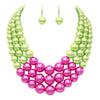 3 Colorful Multi Strands Simulated Pearl Necklace And Earrings Jewelry Gift Set, 18"+3" Extender (Green With Fuchsia Pink Gold Tone)
