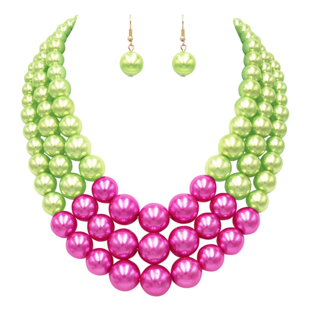 3 Colorful Multi Strands Simulated Pearl Necklace And Earrings Jewelry Gift Set, 18"+3" Extender (Green With Fuchsia Pink Gold Tone)