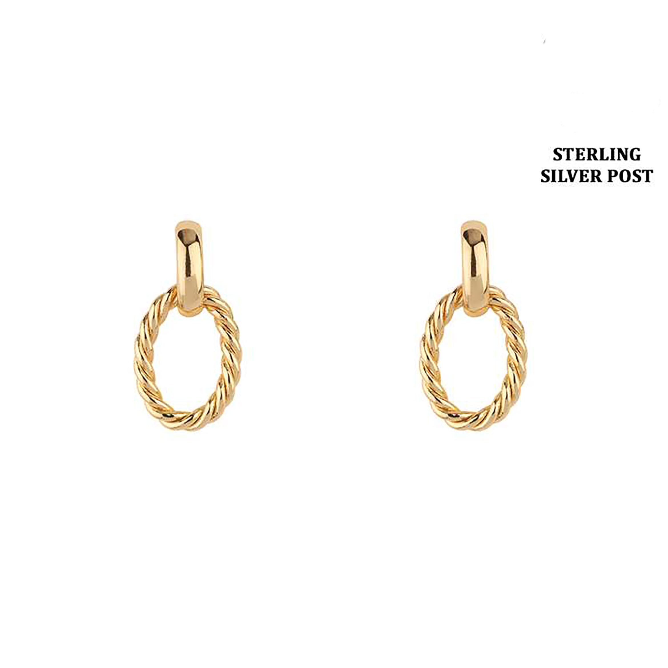 Chic 18k Gold Dipped Classic Earrings with Sterling Silver Posts (Twisted Oval Hoop 1")