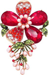 Women's Stunning Crystal Pave Teardrop And Simulated Pearl Flower Brooch, 4" (Red Crystal Gold Tone)