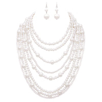 Women's Multi Strand Stunning White Simulated Pearl Cascading Bib Necklace Earrings Bridal Jewelry Set, 16"+3" Extender