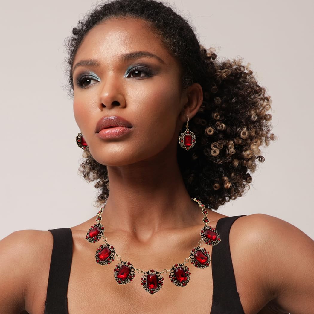 Stunning Emerald Cut Crystals In Burnished Gold Tone Frames Statement Vintage Style Necklace Earrings Set, 18"+3" Extender (Ruby Red)