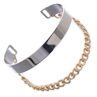 Modern Polished Two Tone Metal Gold Curb Link Chain And Silver Open Cuff Fashion Bracelet (Curb Chain Two Tone, 6.75")