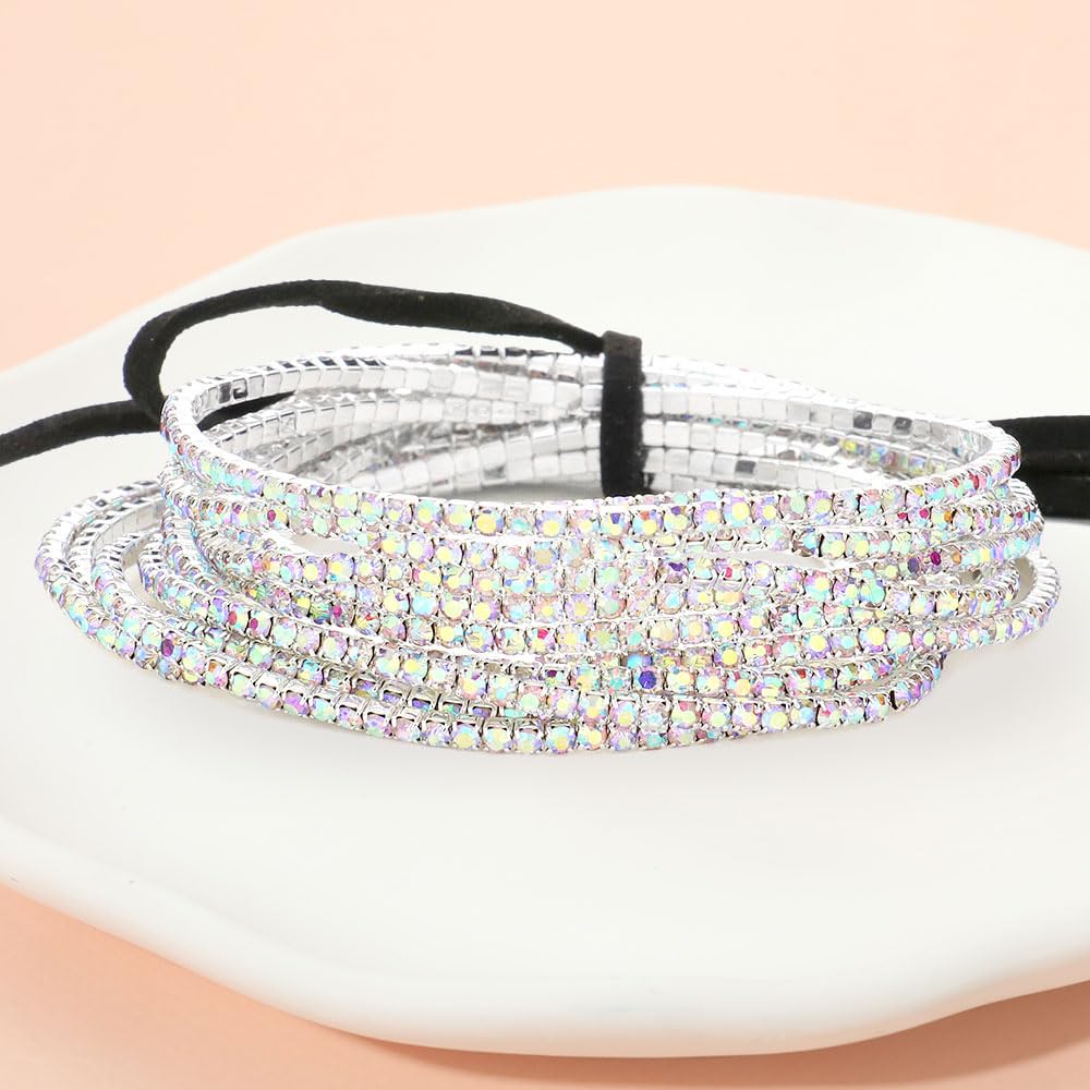 Crystal Rhinestone Stretch Bracelets, Stacking Style, Set of 12, 6.75 Inch (Sparkling Silver AB)