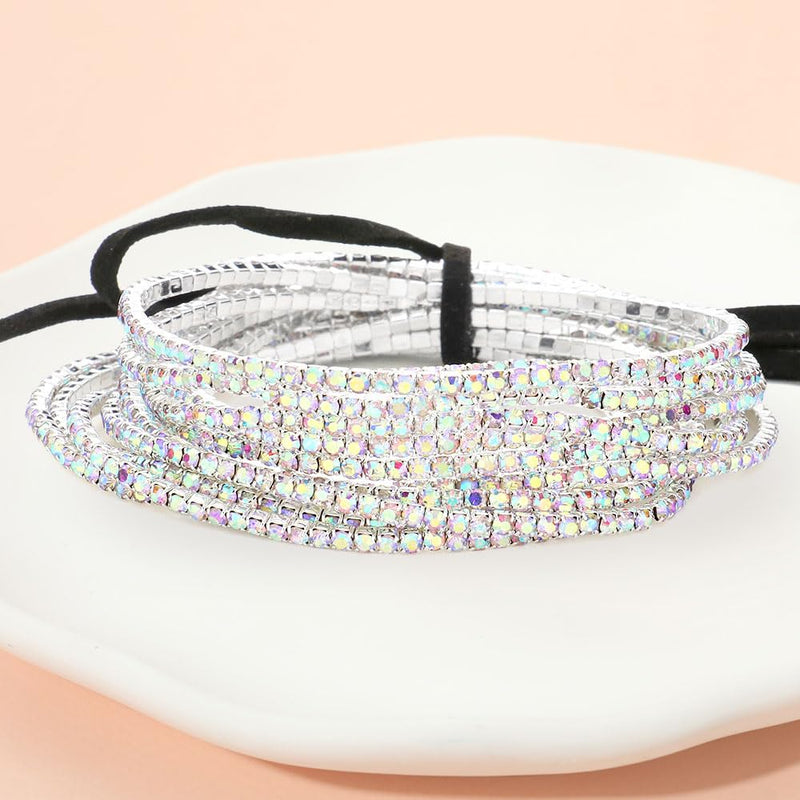 Crystal Rhinestone Stretch Bracelets, Stacking Style, Set of 12, 6.75 Inch (Sparkling Silver AB)