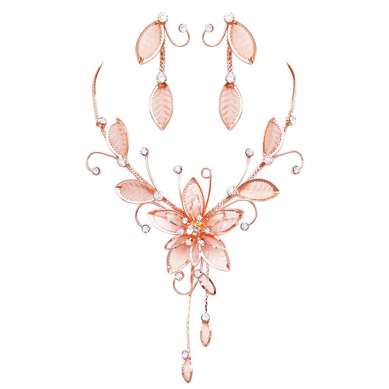 Women's Stunning Large Metal Mesh Flower With Crystal Accents Collar Necklace And Dangle Earrings Jewelry Set, 14"+3" Extension (Rose Gold Tone)