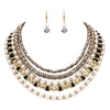 Women's Stunning Multi Strand Faceted Crystal And Simulated Pearl Cascading Bib Necklace Earrings Set, 16"+3" Extender