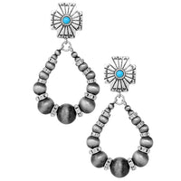 Western Navajo Bead Hoop Dangle Earrings, Silver Cross With Turquoise Howlite And Crystal Detail