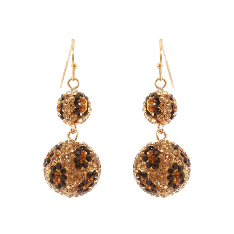 Get Wild Leopard Print Pave Crystal Ball Drop Earrings (Double Ball Gold Tone Fish Hook, 1.75")