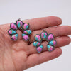 Western Navajo Squash Blossom Dangle Earrings, Turquoise and Pink Print, Silver Beaded Frame, 1.75 x 1.5 Inch