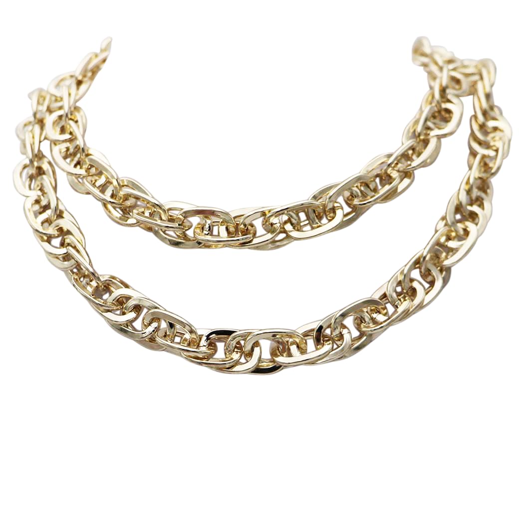 Gold Plated Chain Statement Necklace, Twisted Metal Alloy Design, Toggle Clasp, 36 Inch Length