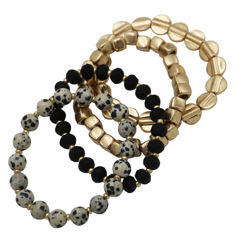 Beaded Stretch Bracelet Set, 4 Piece Stacking Collection, 6 Inch for Small Wrists (Gold and Black Dalmation)