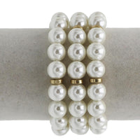 Glass Pearl Stretch Bracelets, Cream with Gold Accents, 10mm, Set of 3, 6 Inch Small Wrist Size