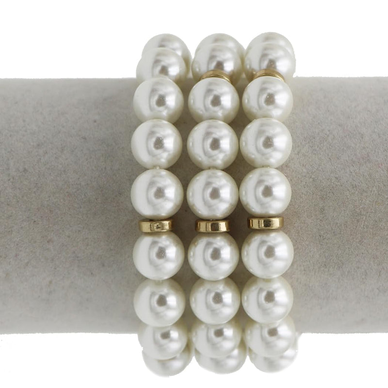 Glass Pearl Stretch Bracelets, Cream with Gold Accents, 10mm, Set of 3, 6 Inch Small Wrist Size