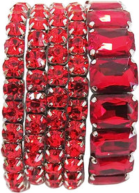 Stunning Statement Set Of 5 Colorful Crystal Rhinestone Stretch Bracelets, 6.75" (Red Crystal Silver Tone)