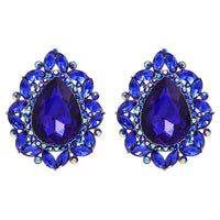 Women's Statement Vintage Style Dramatic Teardrop Crystal Clip On Earrings, 2" (Royal Blue Crystal Silver Tone)