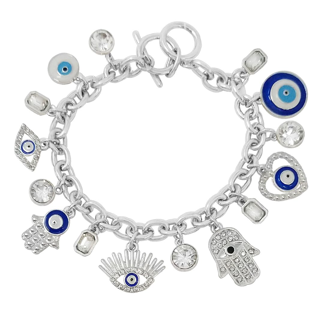 Evil Eye Hamsa Hand Charm Bracelet, Silver Tone, Crystal Rhinestone, Adjustable Toggle Clasp, 7.5-8.5 Inch