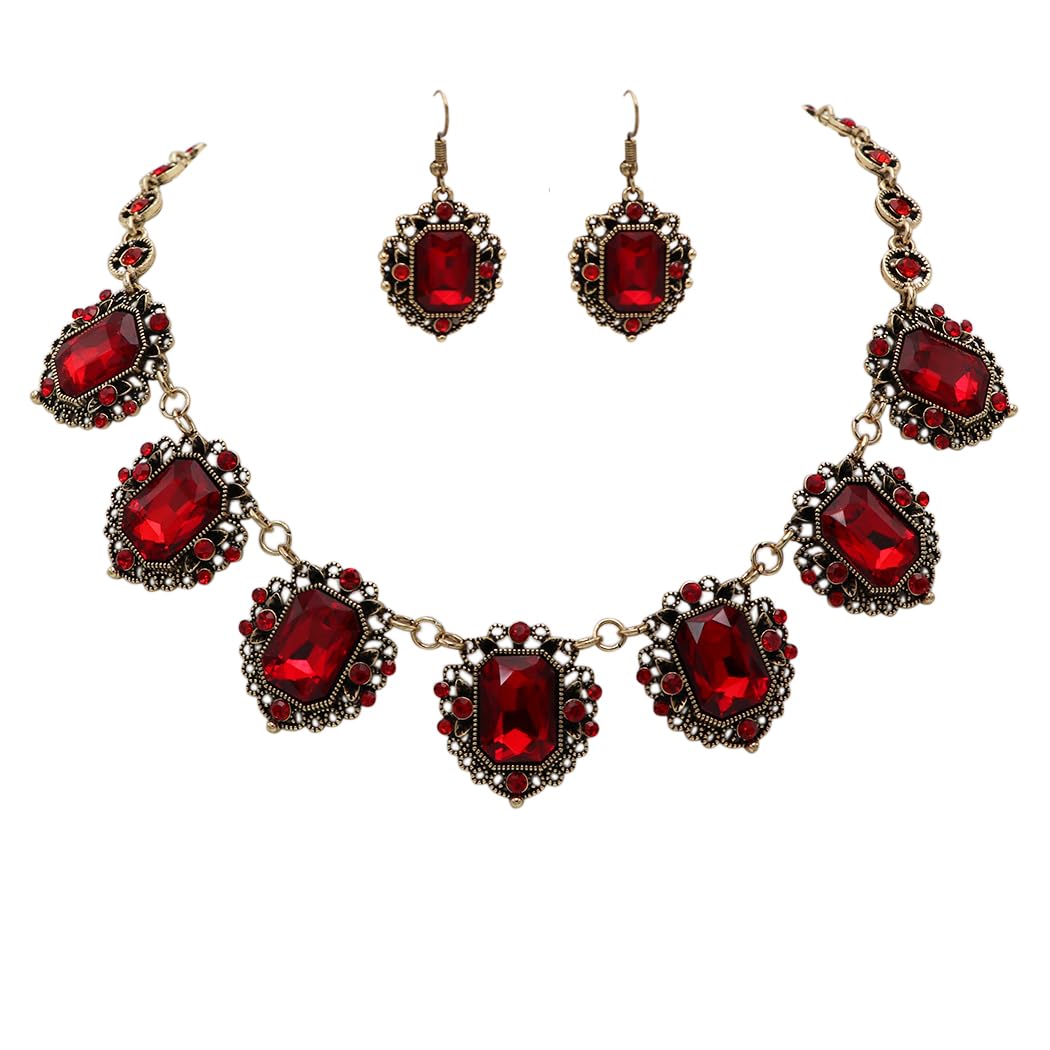 Stunning Emerald Cut Crystals In Burnished Gold Tone Frames Statement Vintage Style Necklace Earrings Set, 18"+3" Extender (Ruby Red)