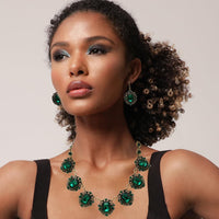 Stunning Emerald Cut Crystals In Burnished Gold Tone Frames Statement Vintage Style Necklace Earrings Set, 18"+3" Extender (Emerald Green)