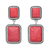 Women's Western Style Rectangular Semi Precious Red Howlite Hypoallergenic Post Drop Earrings, 1.50"