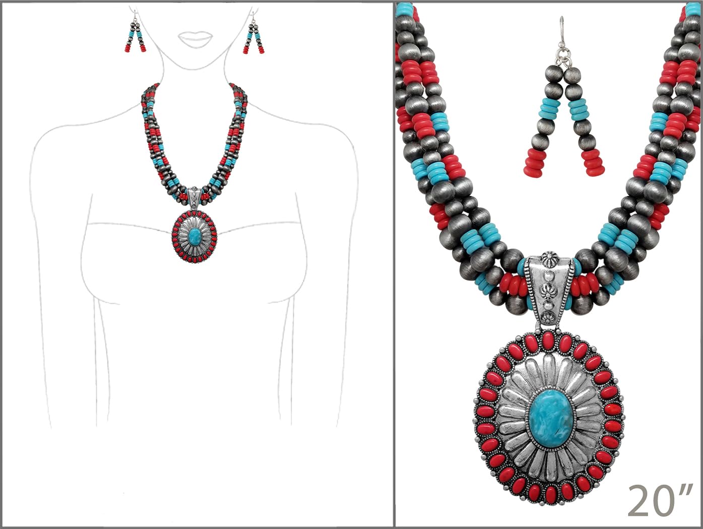 Cowgirl Chic Statement Burnished Silver Howlite Concho Pendant On Multi Strand Western Metallic Pearl Necklace Earrings Set, 20"+3" Extender