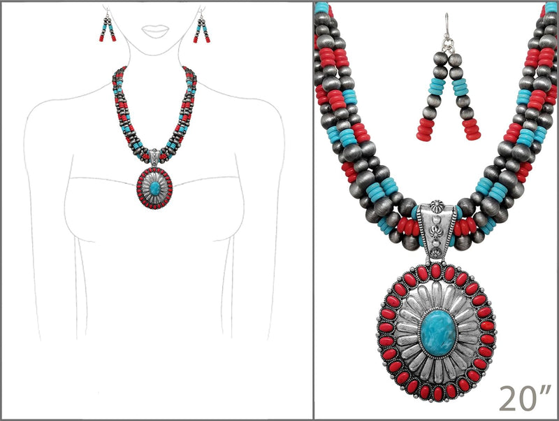Cowgirl Chic Statement Burnished Silver Howlite Concho Pendant On Multi Strand Western Metallic Pearl Necklace Earrings Set, 20"+3" Extender