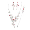 Women's 3 Piece Rhinestone Crystal And Metal Mesh Floral Statement Necklace Bracelet Earring Jewelry Set, 17"+4" Extender (Red)