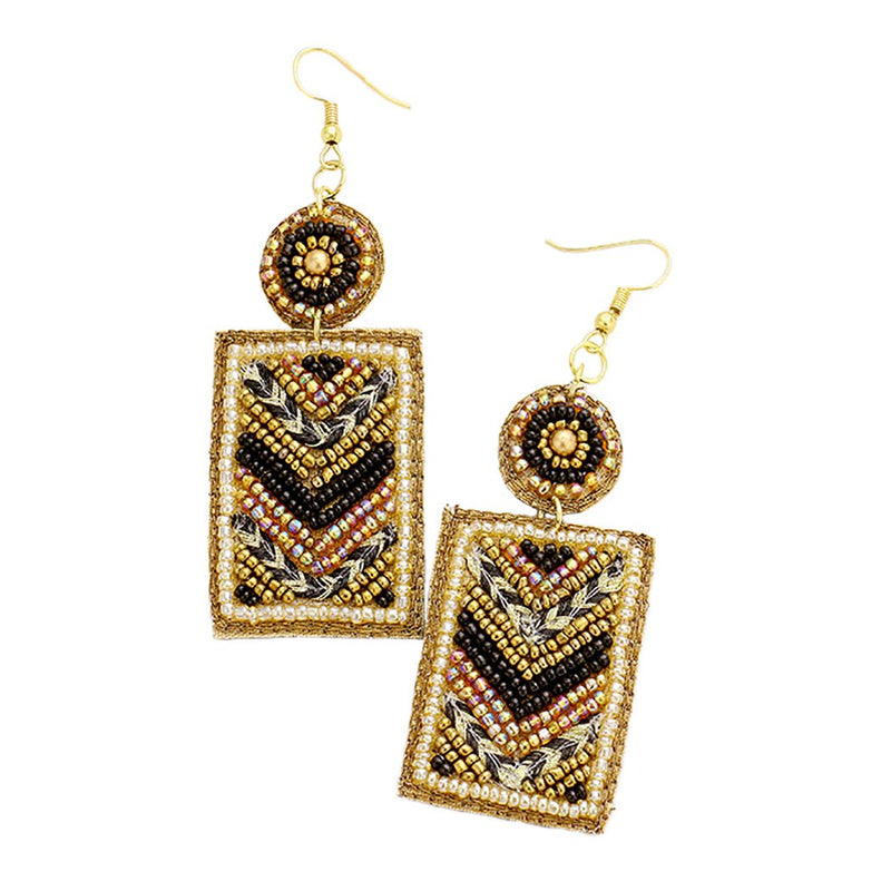 Stunning Black Brown Gold Seed Bead Statement Dangle Earrings, 3.5"