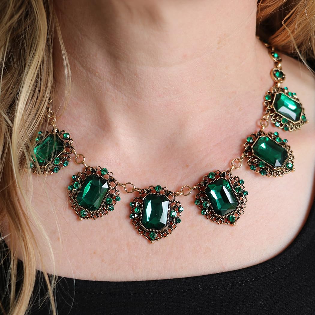 Stunning Emerald Cut Crystals In Burnished Gold Tone Frames Statement Vintage Style Necklace Earrings Set, 18"+3" Extender (Emerald Green)