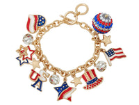 Sleek Polished Gold Tone Red White And Blue USA Flag Patriotic July 4th Charm Bracelet, Adjustable Toggle Clasp Bracelet, 7.5" - 8.5"