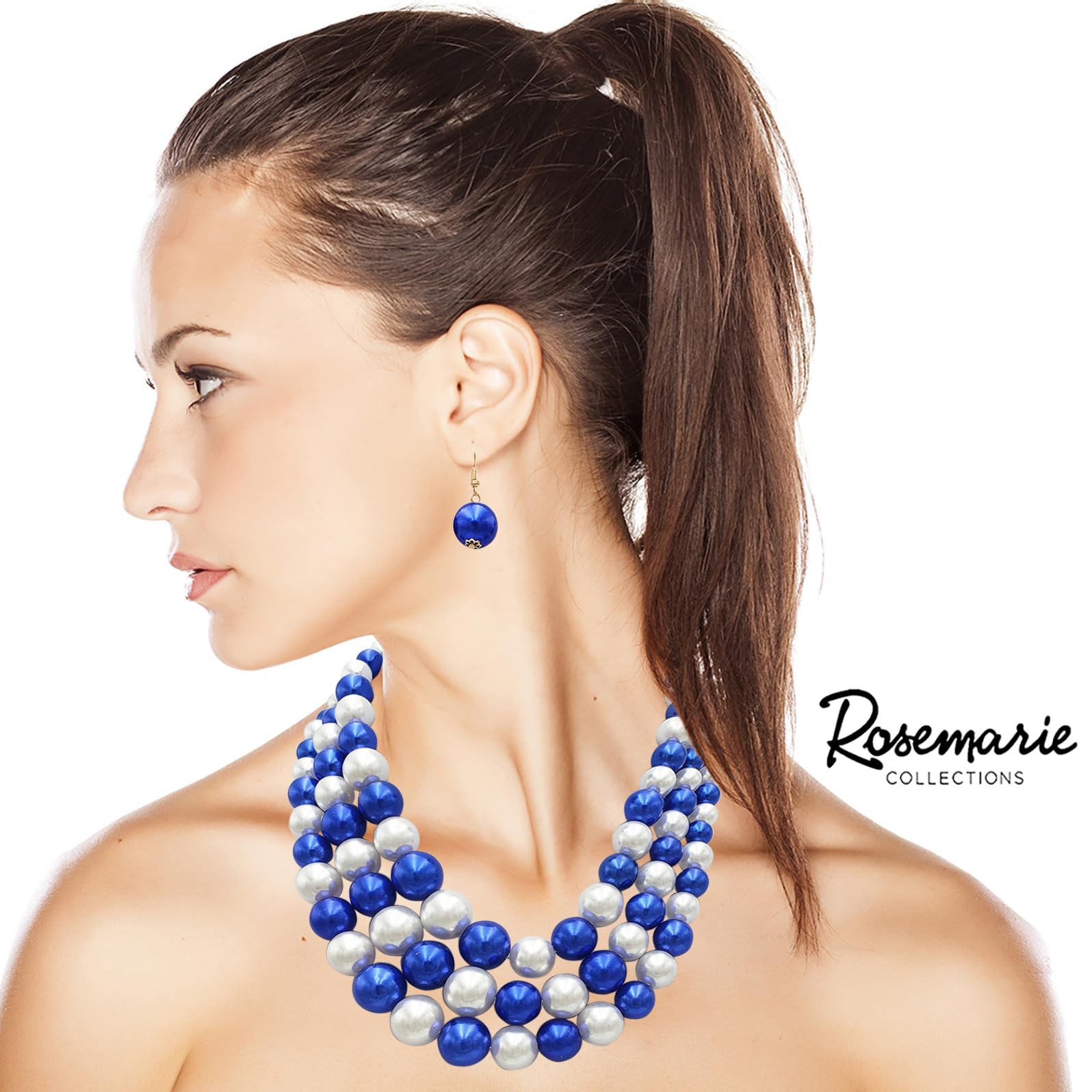 3 Colorful Multi Strands Simulated Pearl Necklace And Earrings Jewelry Gift Set, 18"+3" Extender (Blue White Mix Silver Tone)