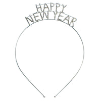Sparkly Crystal Rhinestones Happy New Year's Headband Tiara Decoration (Happy New Year TALL Clear Crystal Silver Tone)