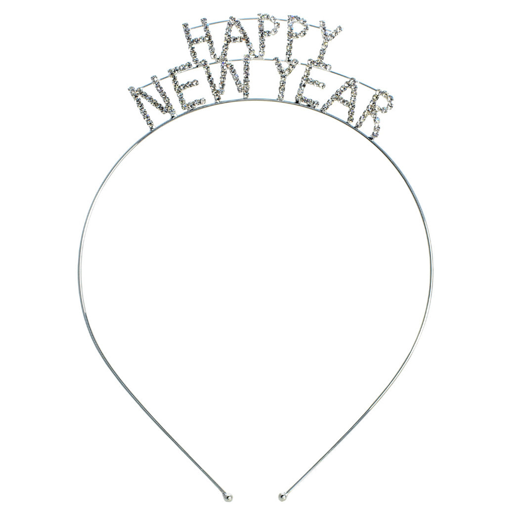 Sparkly Crystal Rhinestones Happy New Year's Headband Tiara Decoration (Happy New Year TALL Clear Crystal Silver Tone)