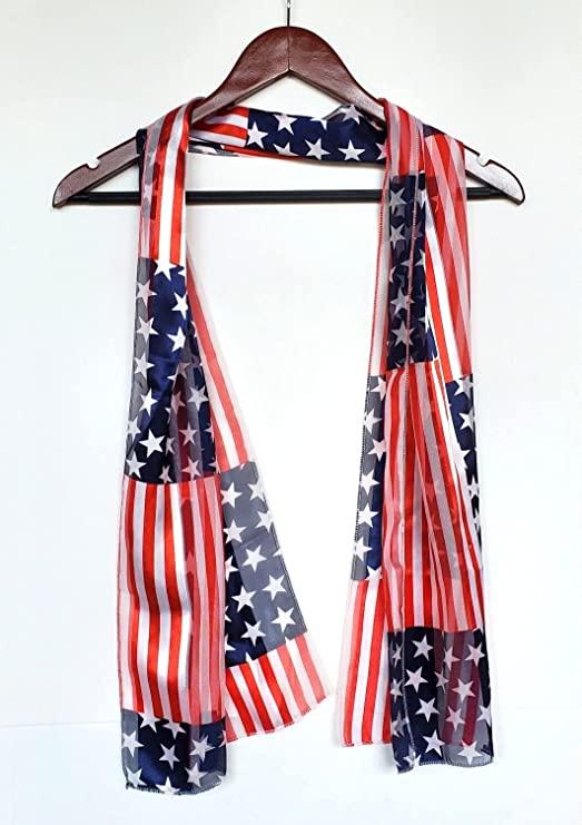 Rosemarie Collections Women's Red White And Blue 4th Of July Satin Stripe USA Fashion Scarf, 60" American Flag Stars Stripes (Block Flag)