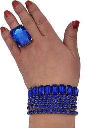 Stunning Statement Set Of 5 Colorful Crystal Rhinestone Stretch Bracelets, 6.75" (Sapphire Blue Crystal Silver Tone)