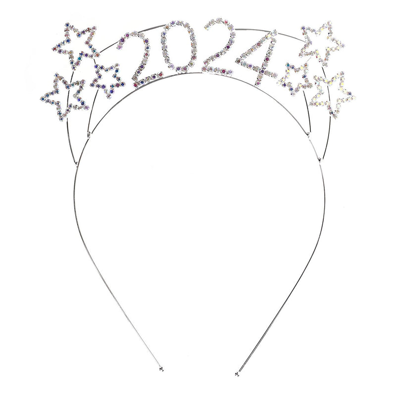 Sparkly Crystal Rhinestones 2024 New Year's Headband Tiara Headband Decoration (2024 AB Crystal Silver Tone)