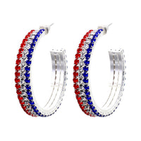 Red White And Blue 4th Of July Patriotic Voting Day Crystal Statement Hoop Rhinestone Earrings 35mm