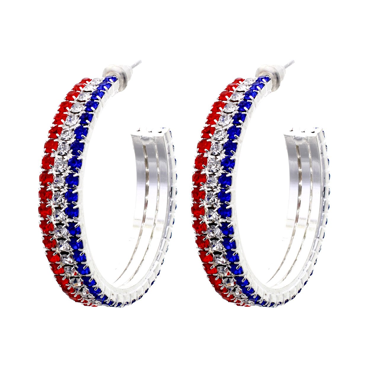 Red White And Blue 4th Of July Patriotic Voting Day Crystal Statement Hoop Rhinestone Earrings 35mm